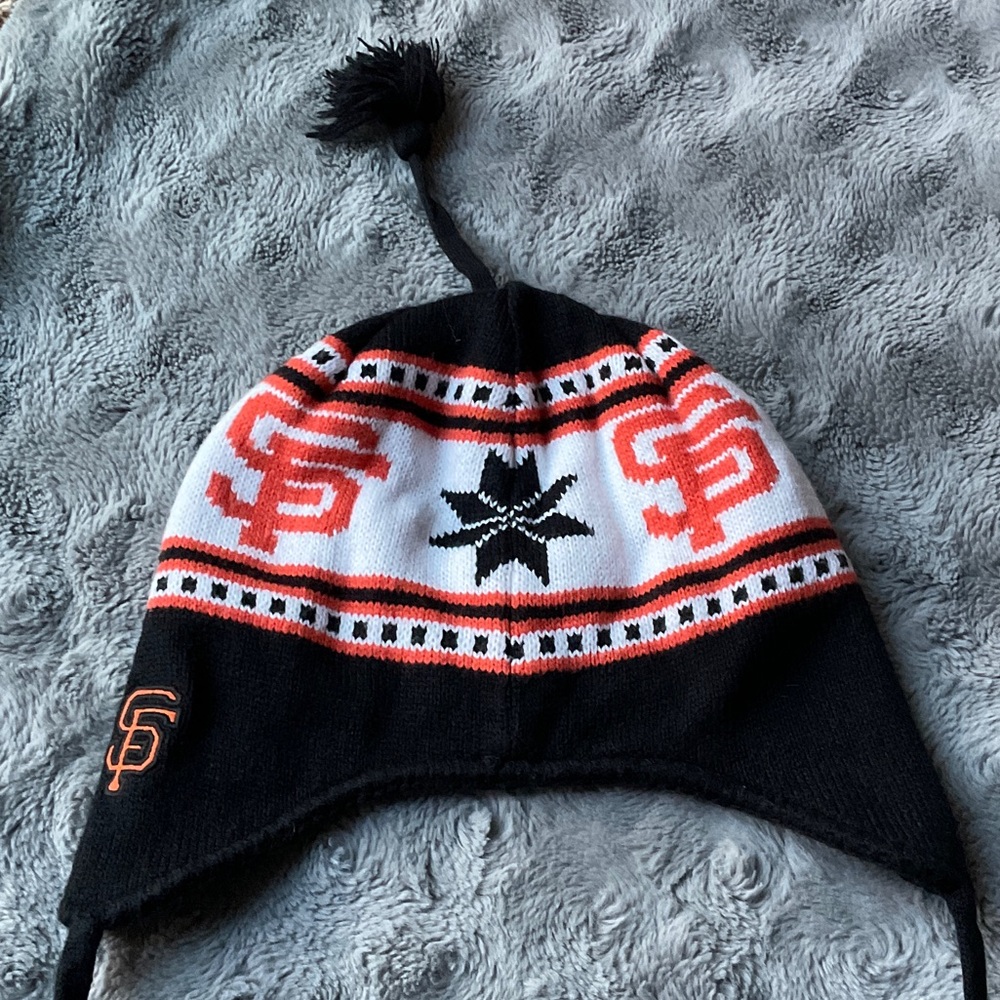 Kids Pom Earflap Beanie Hat - Black/Orange/White